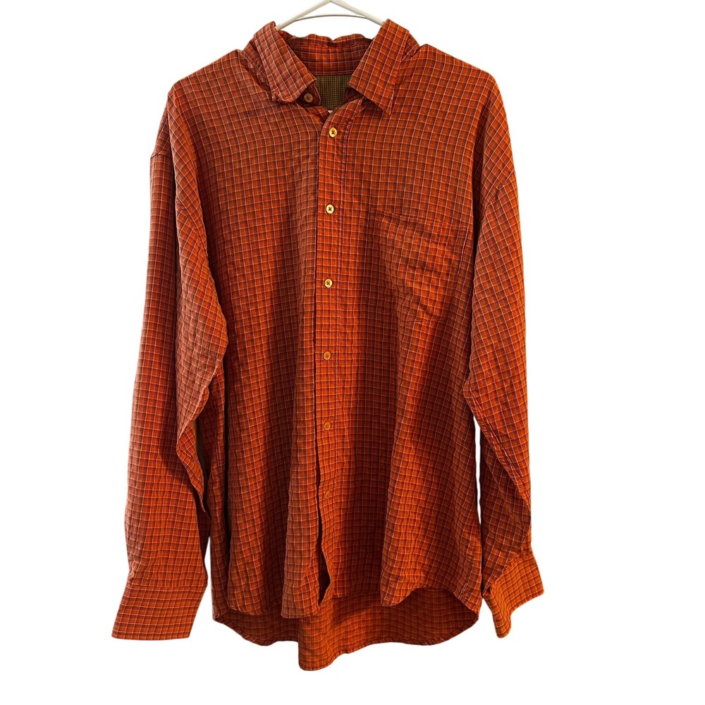 Bugatchi Uomo Men's XL Orange Plaid Long Sleeve Button Down Shirt Modal‎ Blend